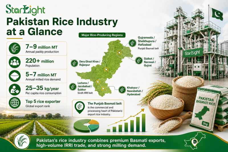 akistan rice industry infographic showing annual paddy production, population, rice demand, major producing regions, and Basmati export importance.