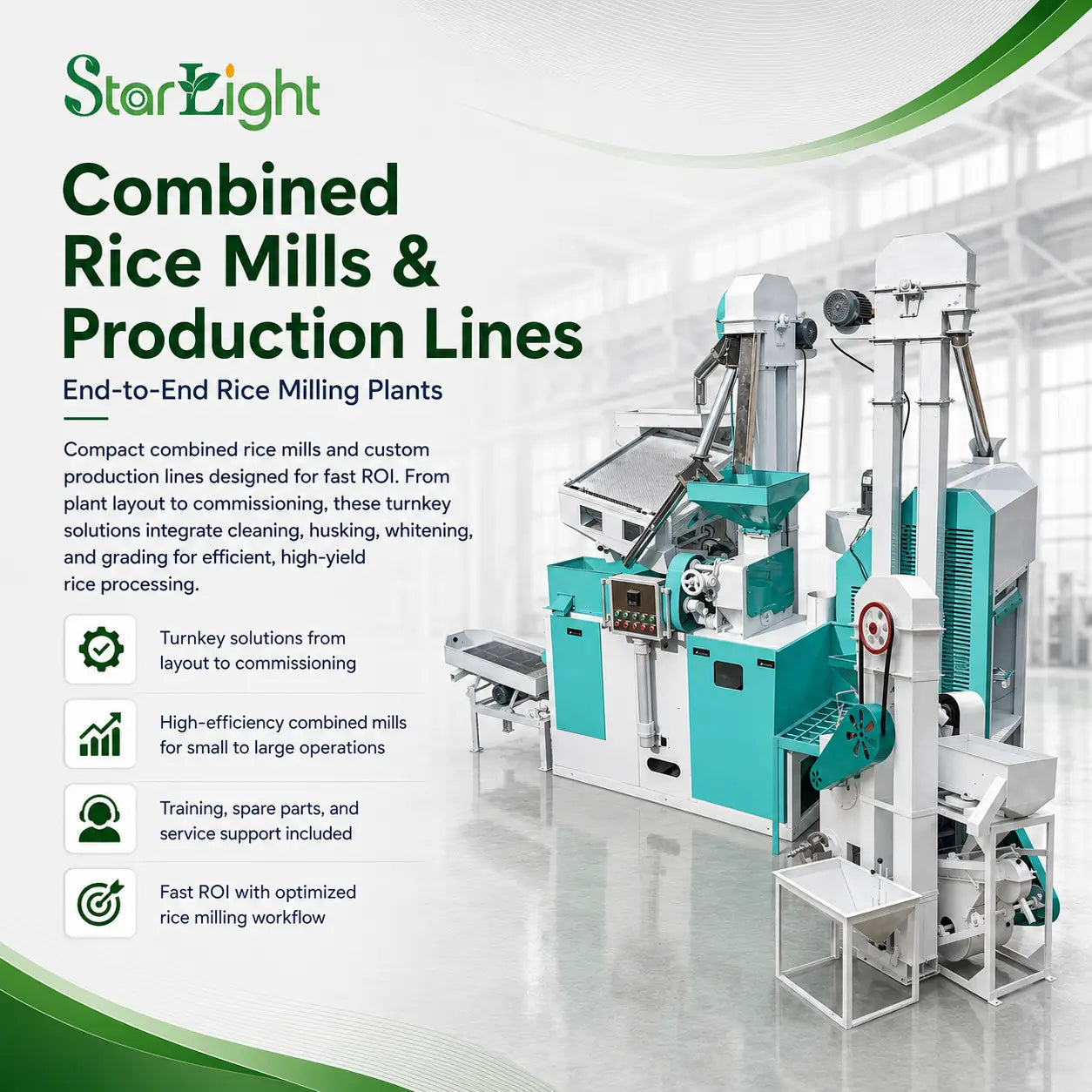 Combined rice milling machines and end-to-end rice production lines for commercial rice mills, designed for cleaning, husking, whitening, grading, fast ROI, and turnkey installation.