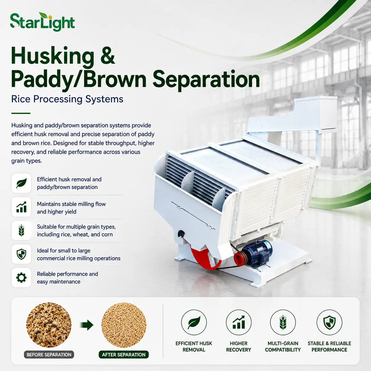 Starlight paddy-brown separation machine for husking and rice milling systems.