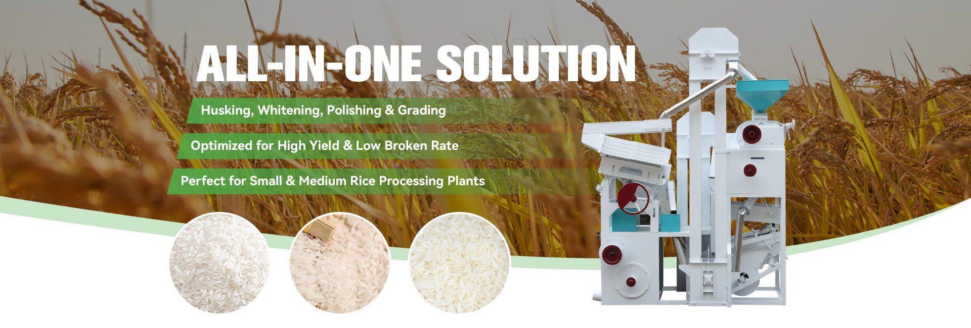 Rice processing plant with text 'All-in-One Solution' and images of rice grains.
