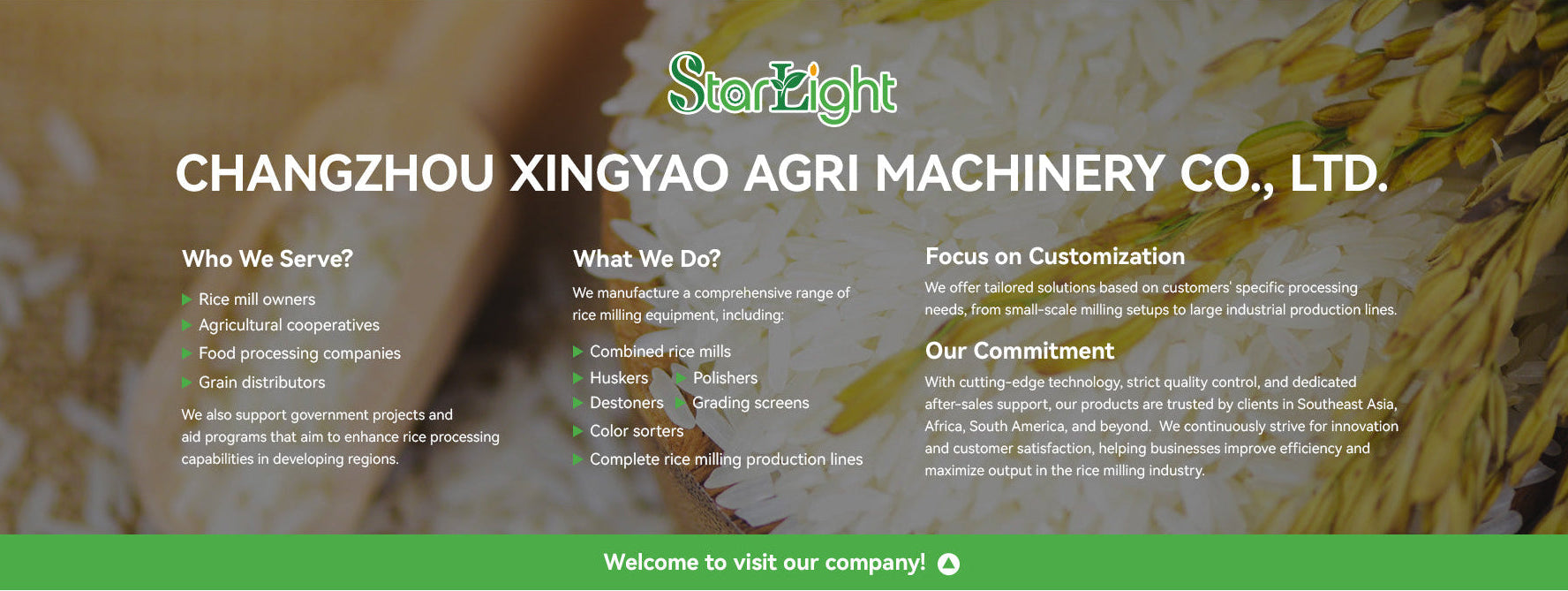 Promotional banner for Changzhou Xingyao Agri Machinery Co., Ltd. with text and branding elements.