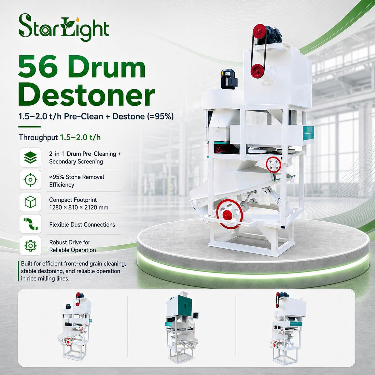56 Drum Destoner | 1.5–2.0 t/h Pre-Clean + Destone (≈95%)