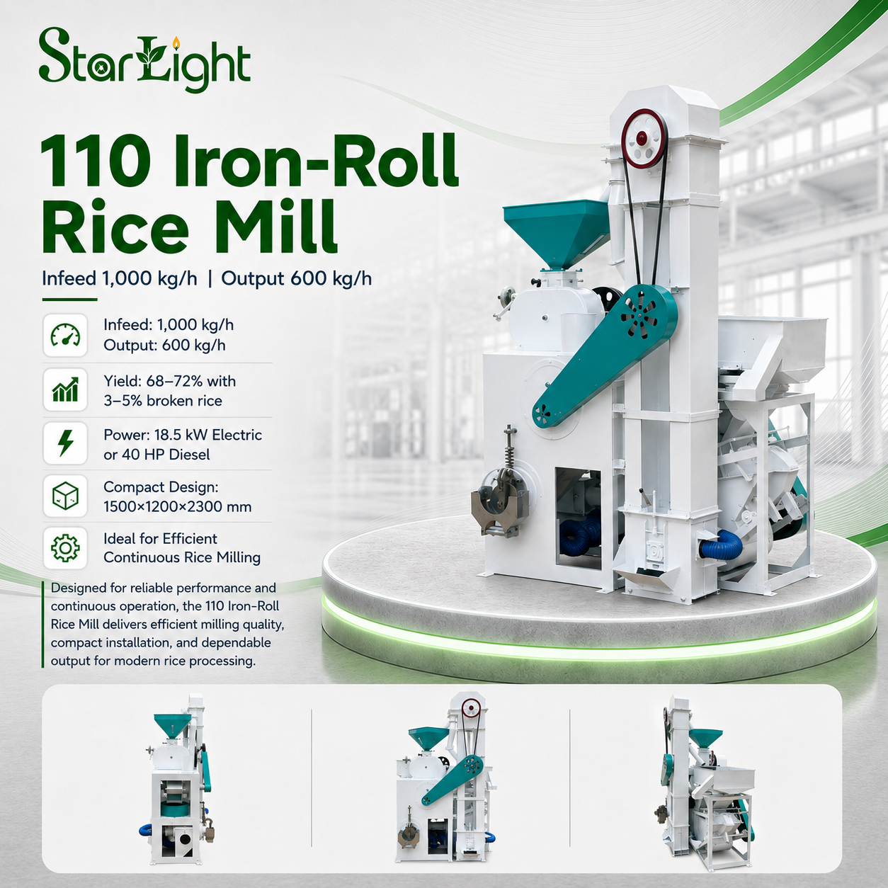 110 Iron-Roll Rice Mill (Infeed 1,000 kg/h; Output 600 kg/h)