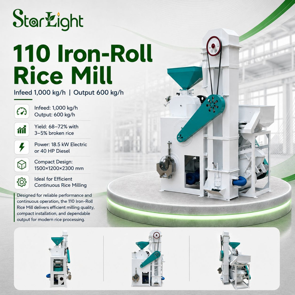 110 Iron-Roll Rice Mill (Infeed 1,000 kg/h; Output 600 kg/h)