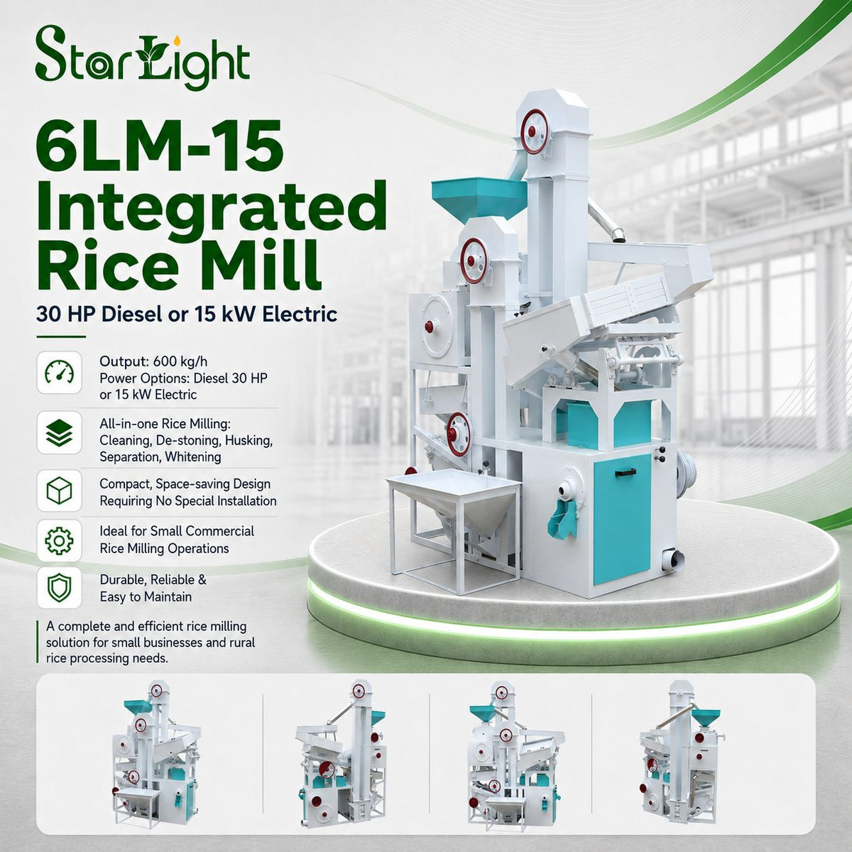 6LM-15 Integrated Rice Mill (30 HP Diesel or 15 kW Electric)