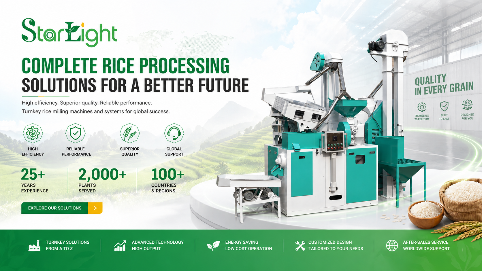 Starlight rice processing machine with branding and text about quality and future progress.