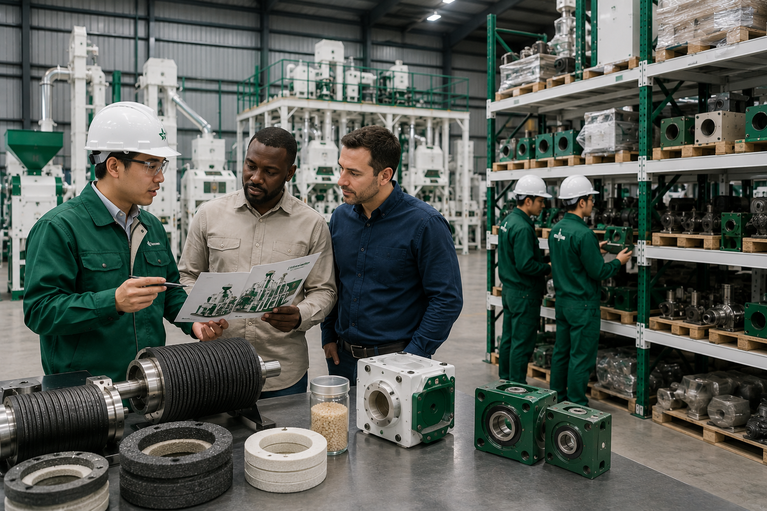 Three men in a warehouse discussing equipment with shelves and machinery in the background