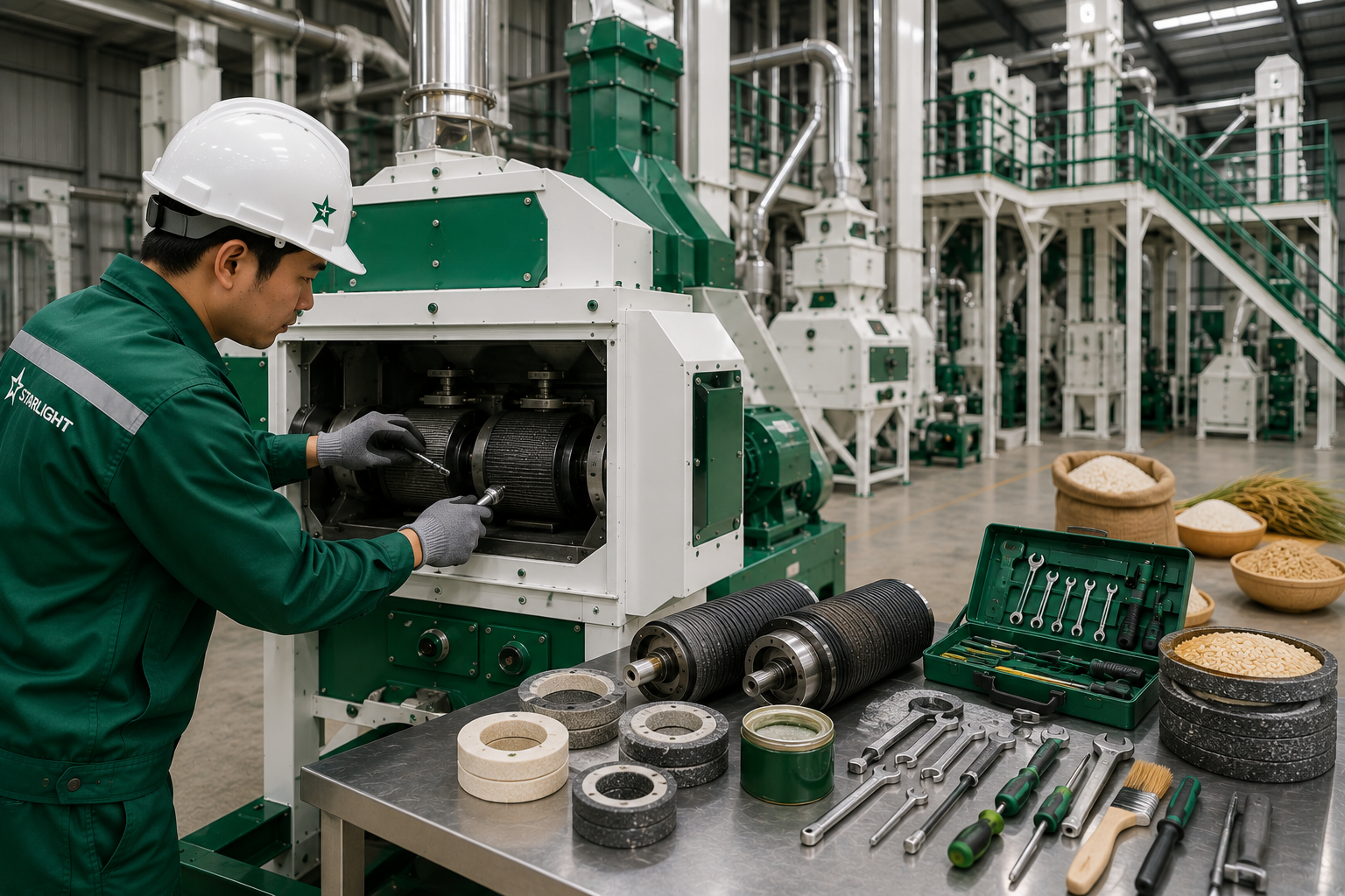 Worker in a green uniform and hard hat working on machinery in an industrial setting.
