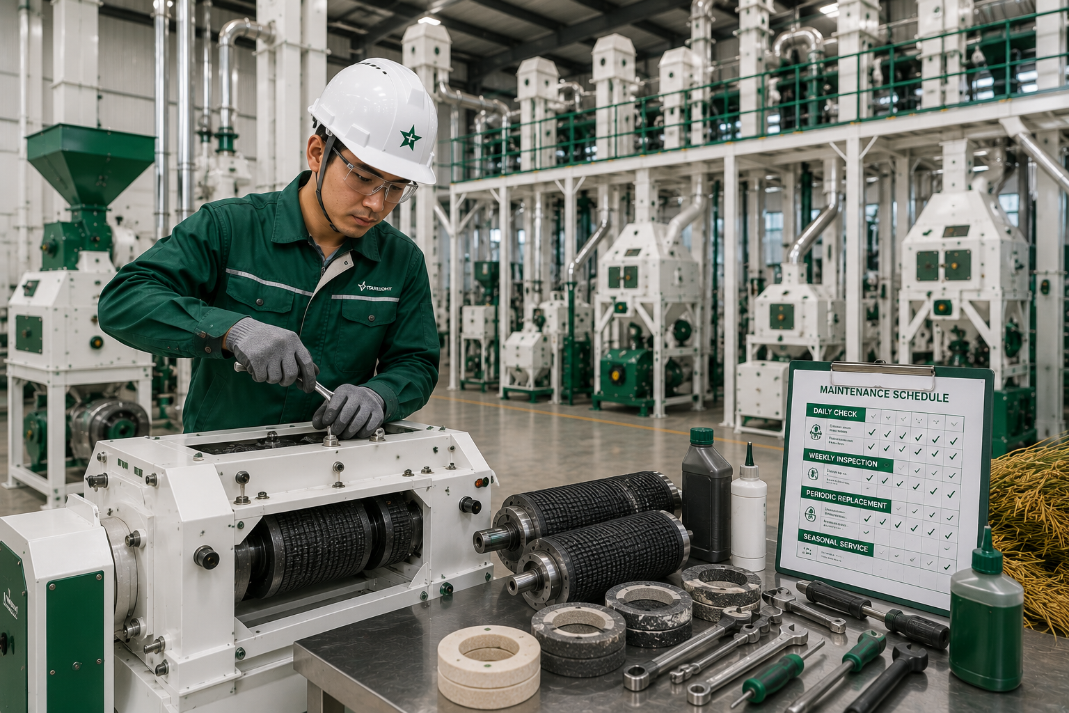 Worker in a factory setting inspecting machinery with a maintenance schedule board in the background.