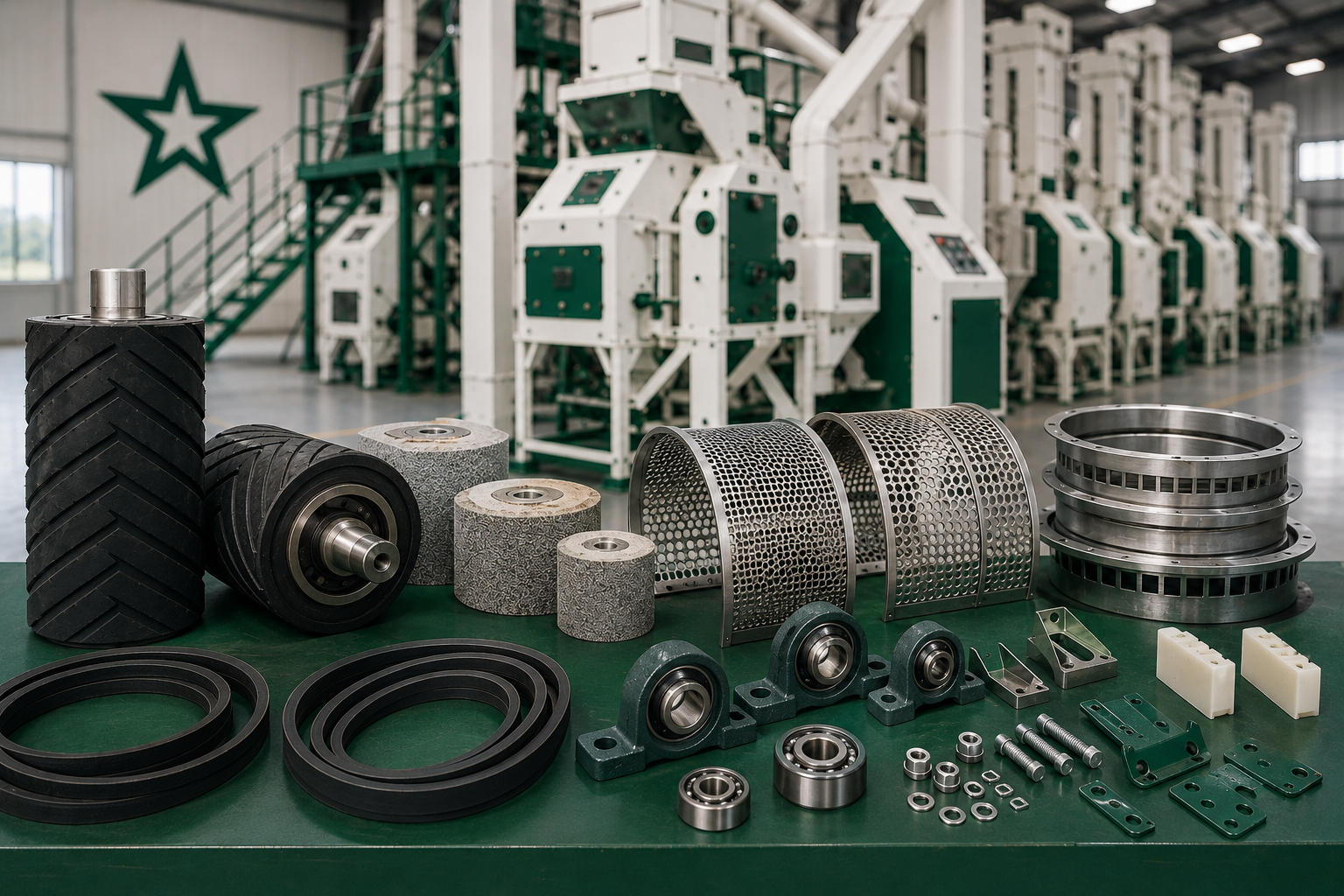 Industrial equipment and components on a table with a factory background
