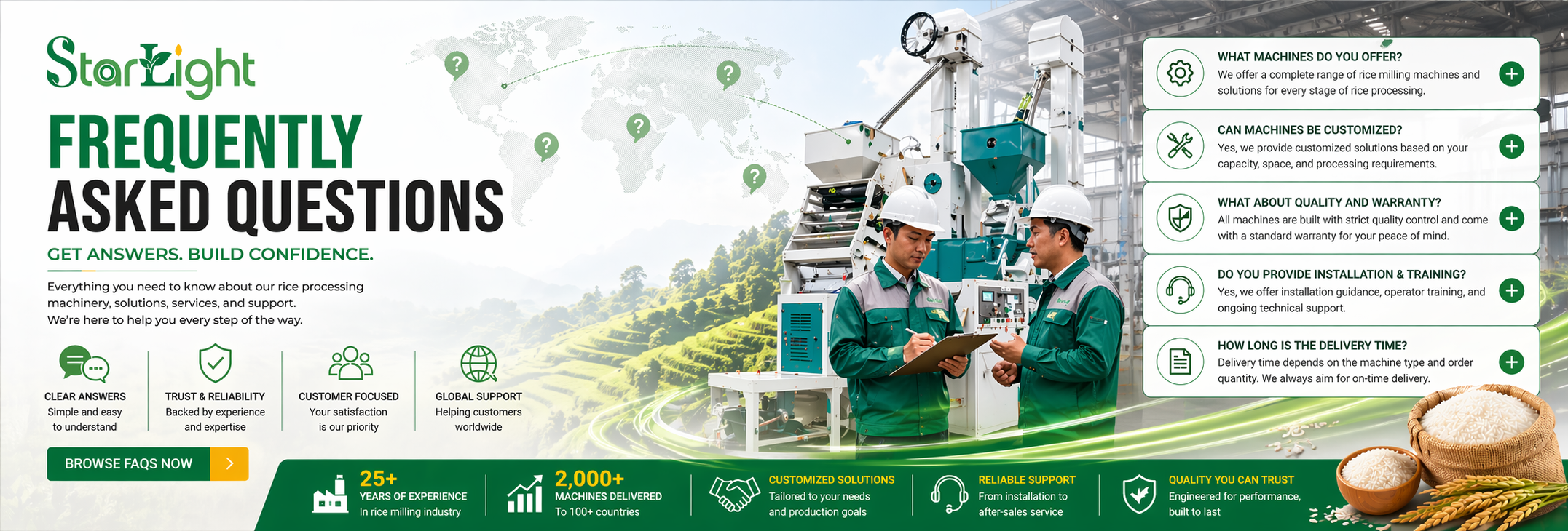 Two people in green uniforms standing next to a grain processing machine with text and graphics about frequently asked questions.