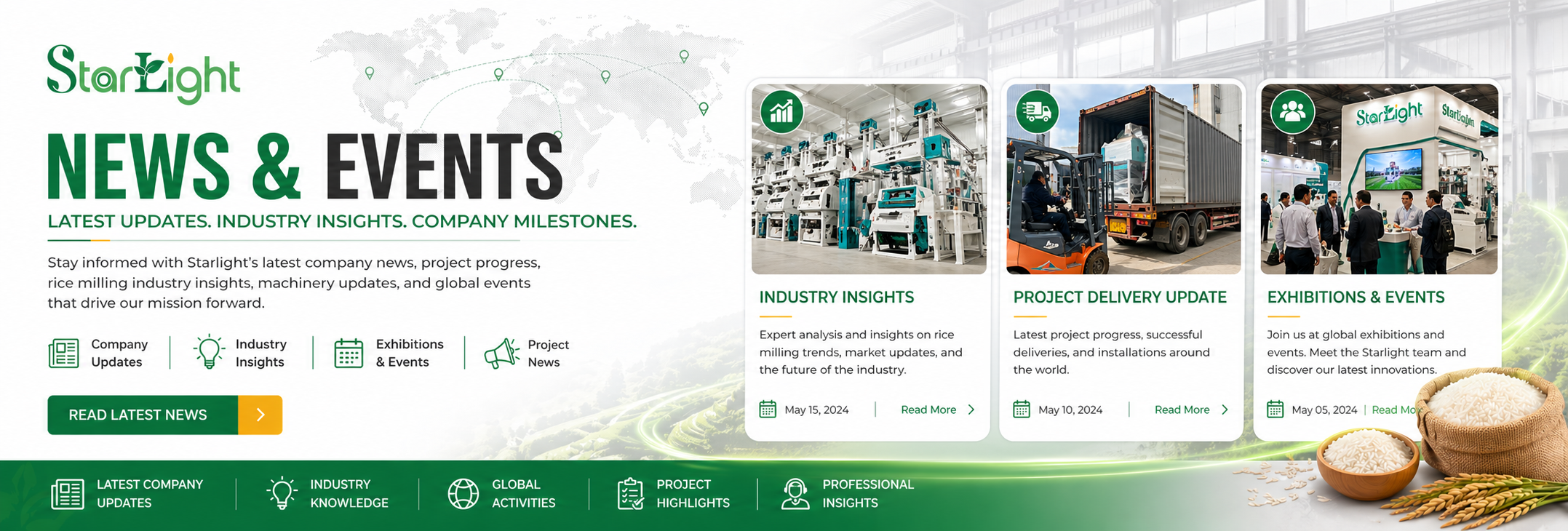 StarLight News & Events page with industry insights, project delivery updates, and event information on a green and white background.
