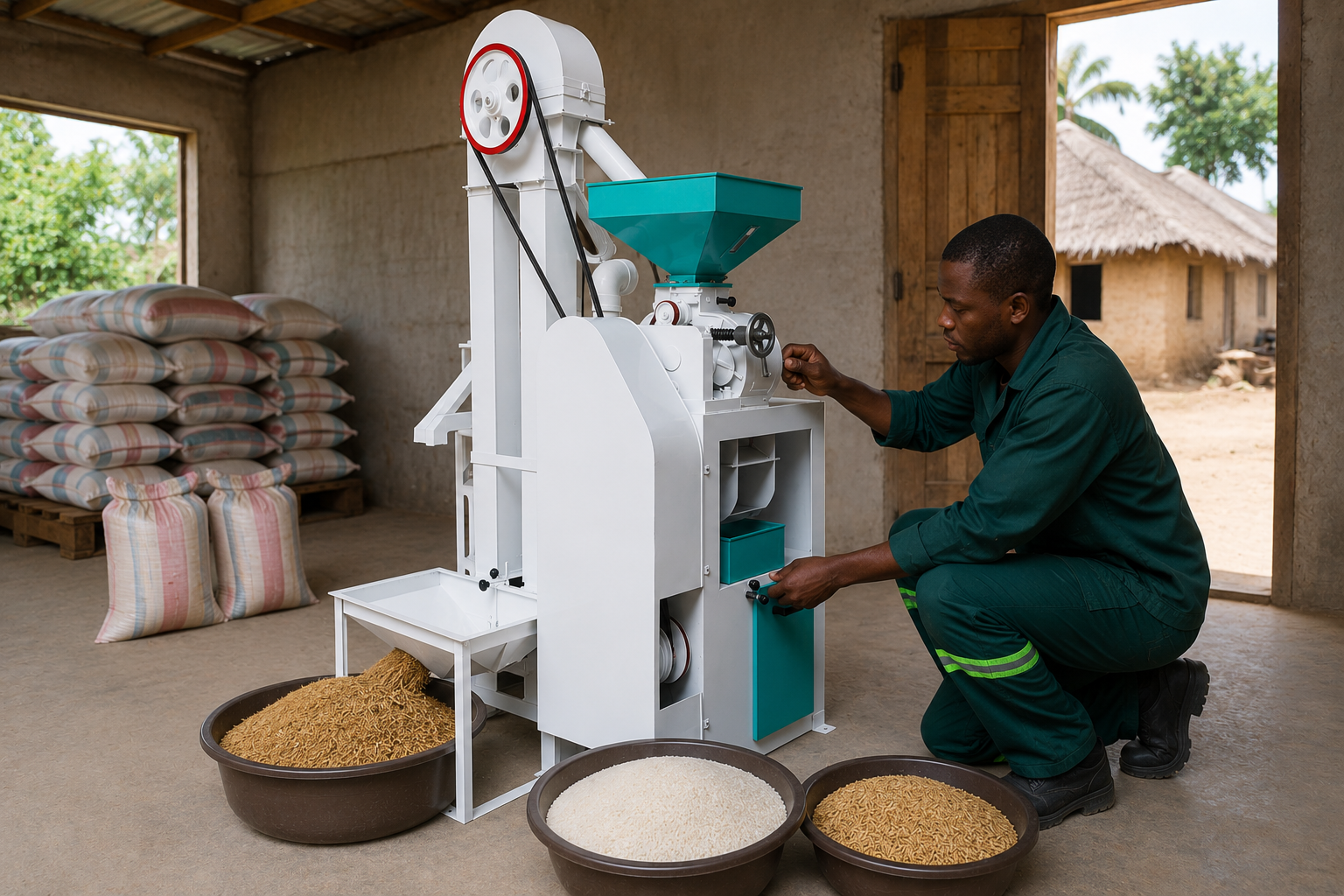 Person operating a grain mill with grains around in a rural setting