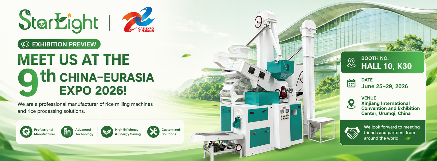 Advertisement for StarLight at the 9th China-Eurasia Expo 2026 featuring a rice processing machine.