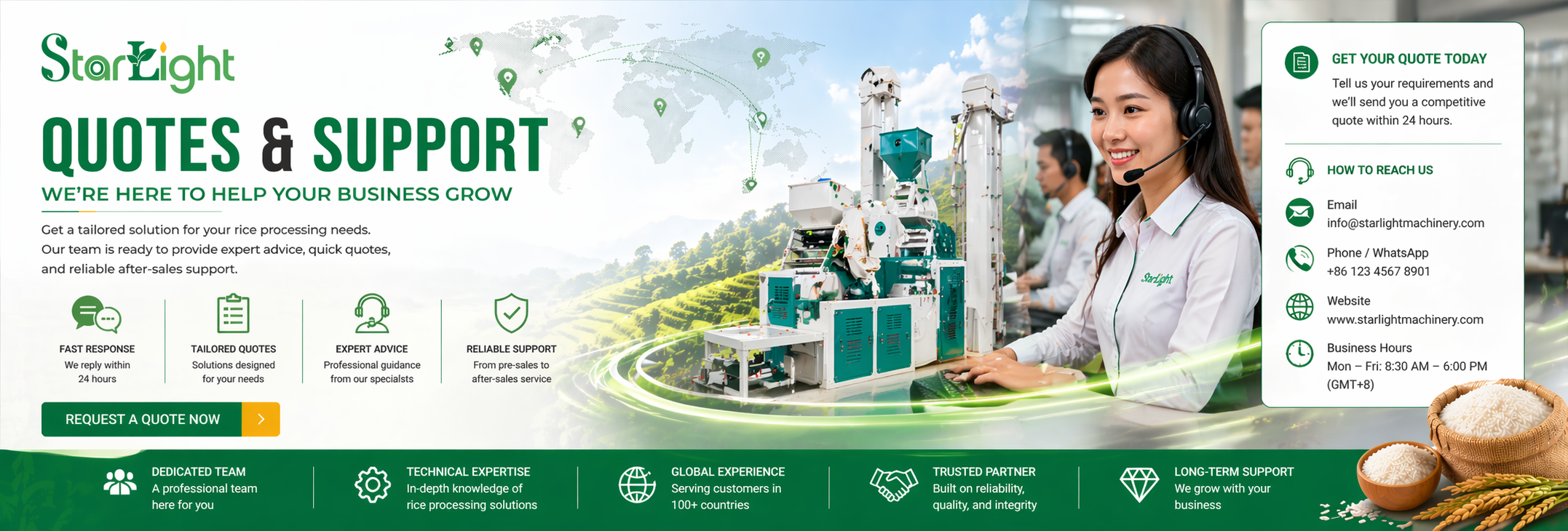 Promotional banner for StarLight with a woman in a headset, machinery, and text about quotes and support.