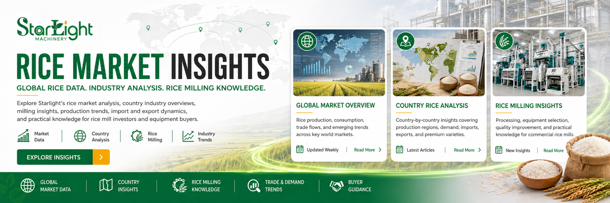 A promotional banner for Starlight Rice Market Insights, featuring three infographic panels on global market overview, country analysis, and rice milling insights, alongside a green navigation bar and small photos of rice and grains.