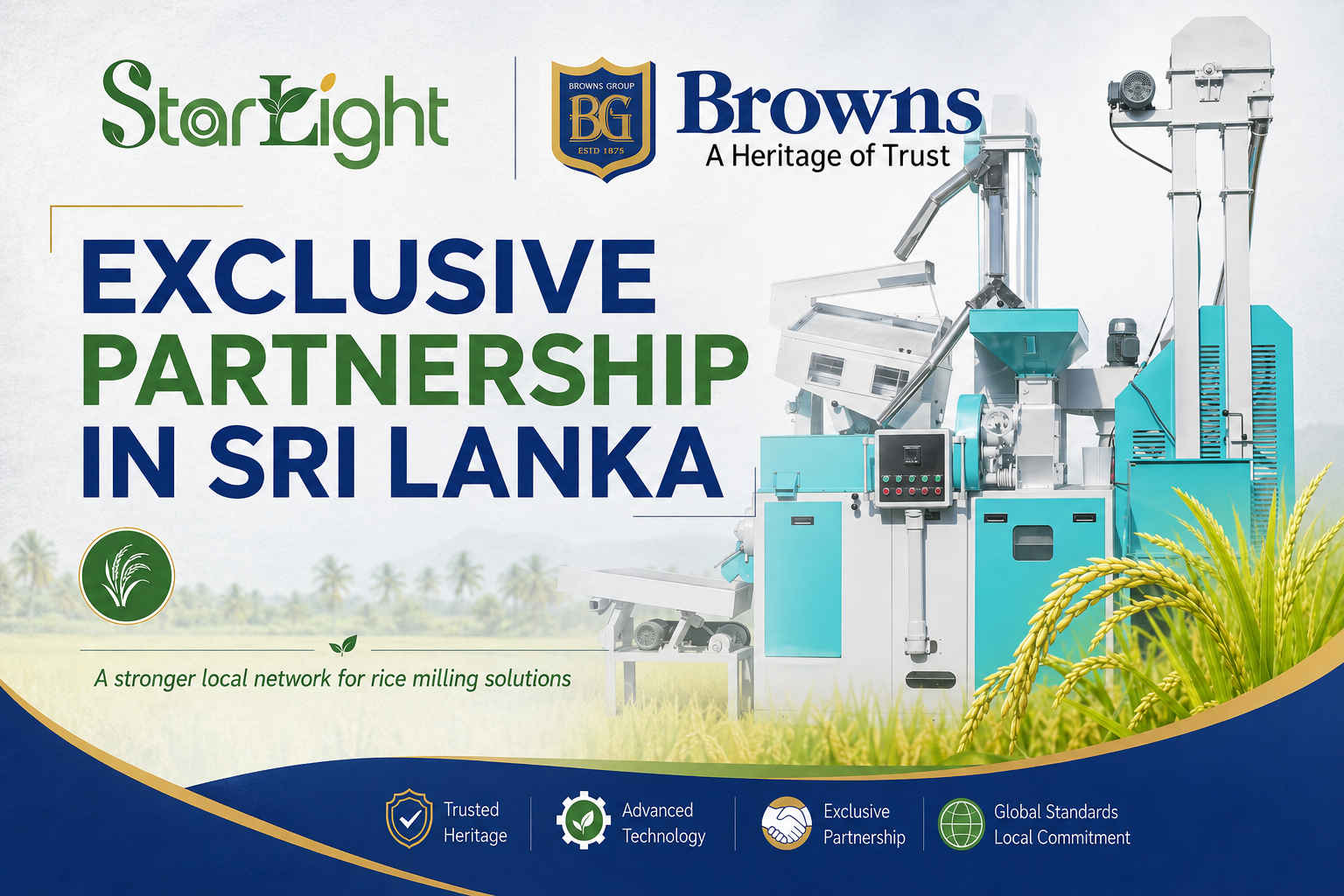Promotional graphic for a StarLight x Browns exclusive partnership in Sri Lanka, featuring a rice mill machine on a field background with branding and text.