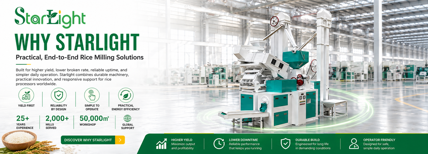 Starlight rice milling machine in a factory setting with promotional text about their products.