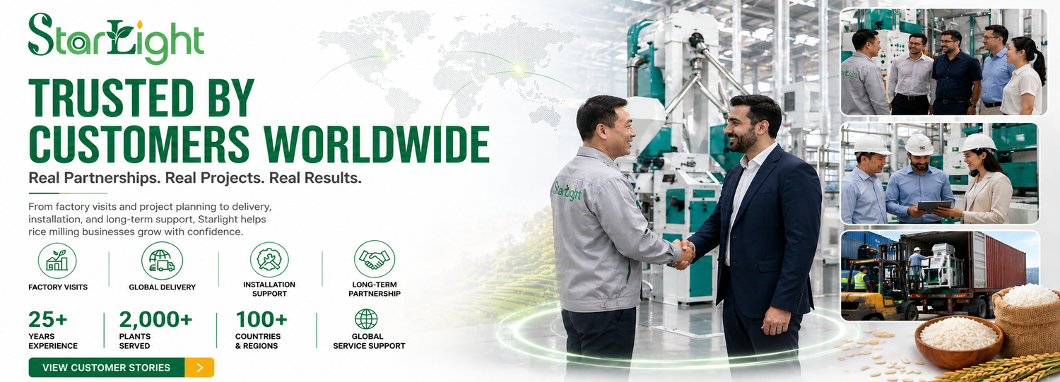 Promotional banner for StarLight, featuring two men shaking hands with a background of industrial equipment and people.