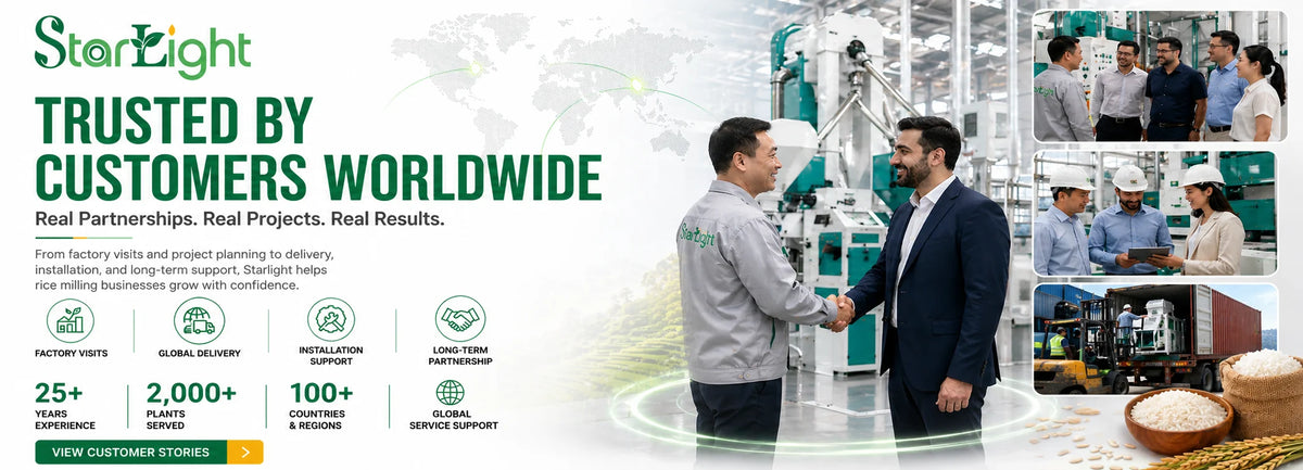 Promotional banner for StarLight, featuring two men shaking hands with a background of industrial equipment and people.