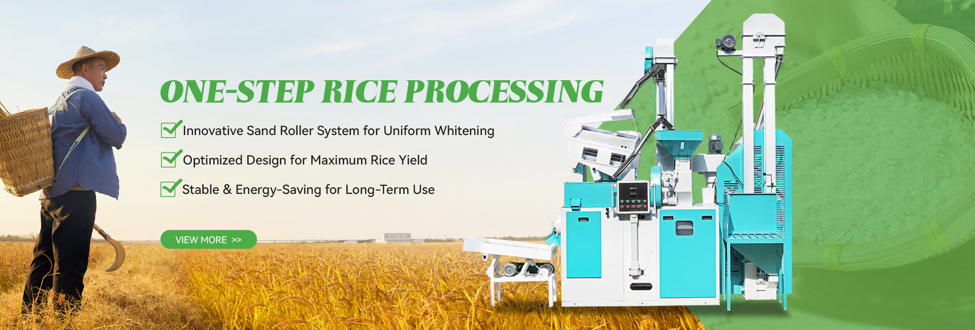 Rice processing machine with a farmer in the background on a green field.