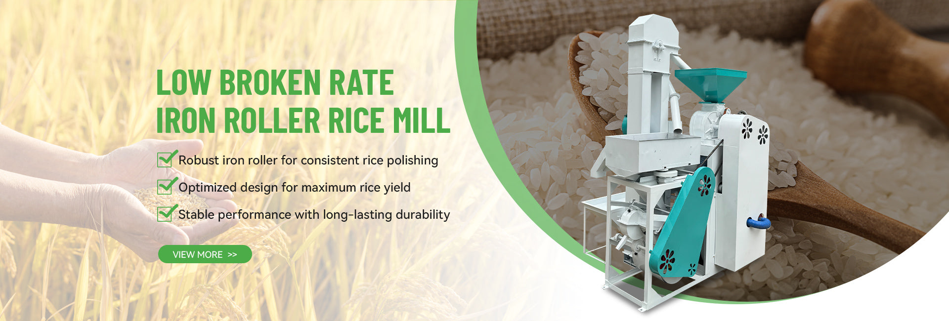 Iron roller rice mill with text on low broken rate and product features.