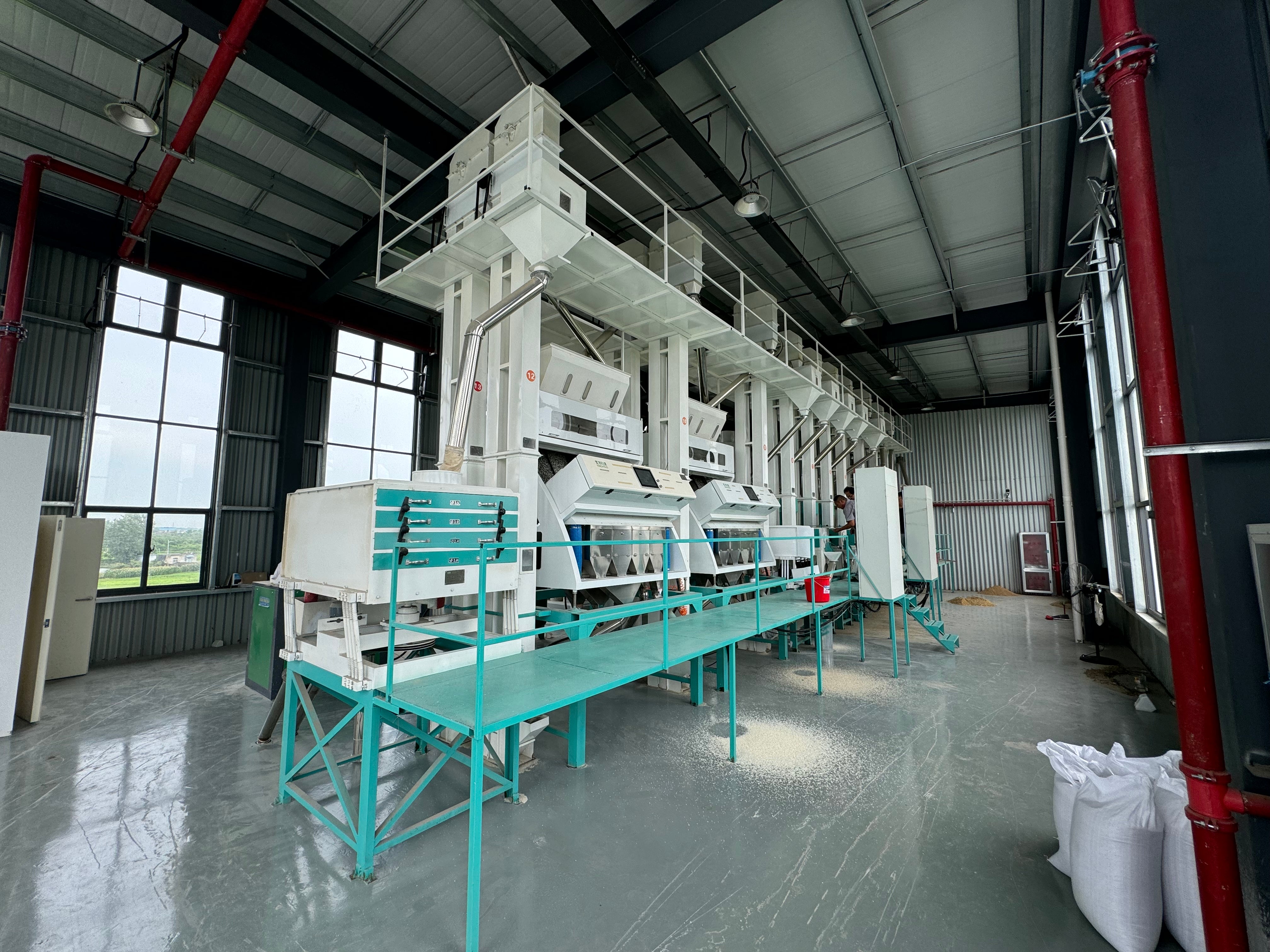 Large grain processing machine in a warehouse setting